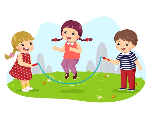 cartoon of kids jumping rope in the park