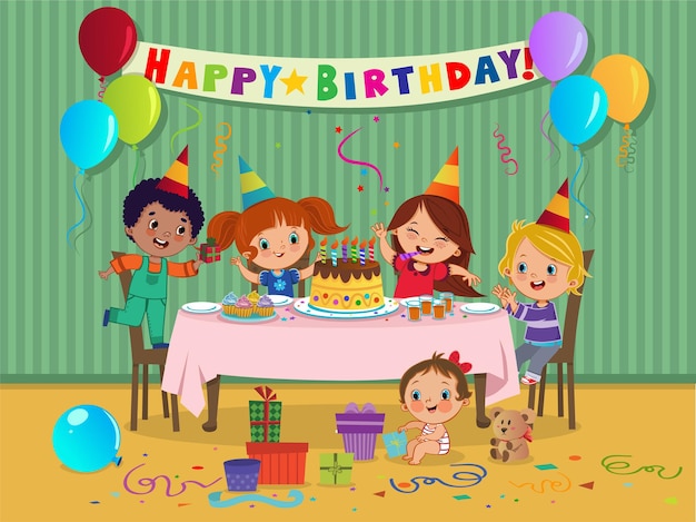 Vector cartoon kids party with sweets and gifts on birthday celebration vector illustration