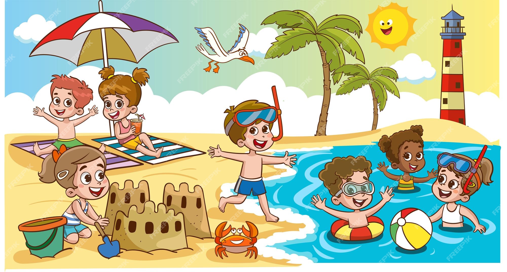 Premium Vector A Cartoon Of Kids Playing At The Beach With A Beach premium-vector-a-cartoon-of-kids-playing-at-the-beach-with-a-beach