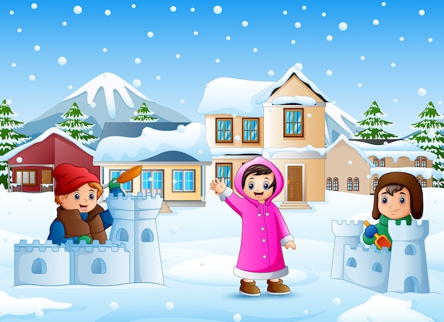 Cartoon kids playing in the snowing village