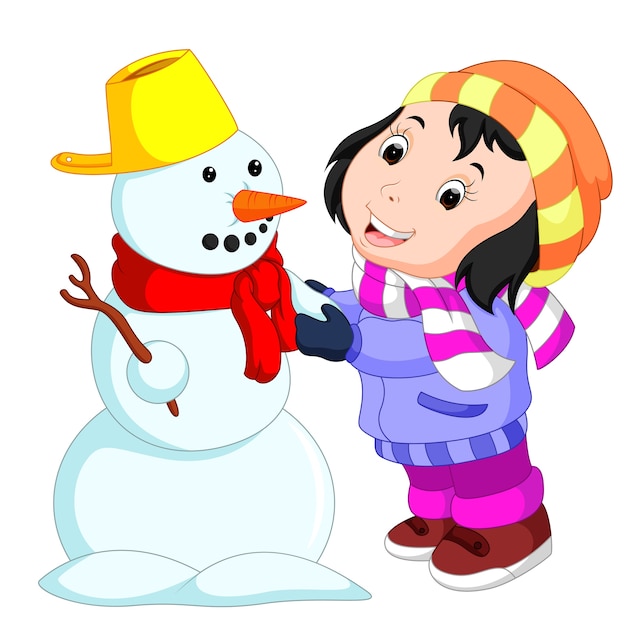 Vector cartoon kids playing with snowman