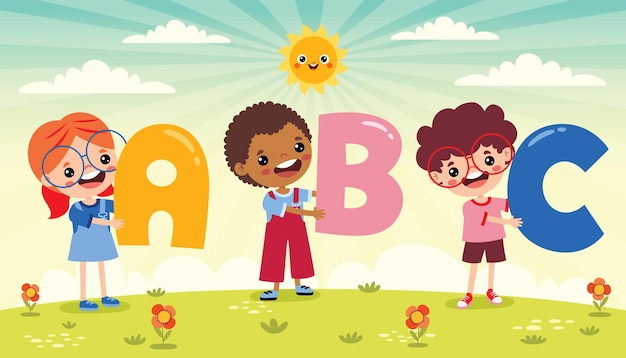 Cartoon kids posing with alphabet letter