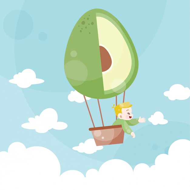 Cartoon kids riding a hot air balloon avocado