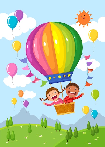 Cartoon kids riding a hot air balloon over the field