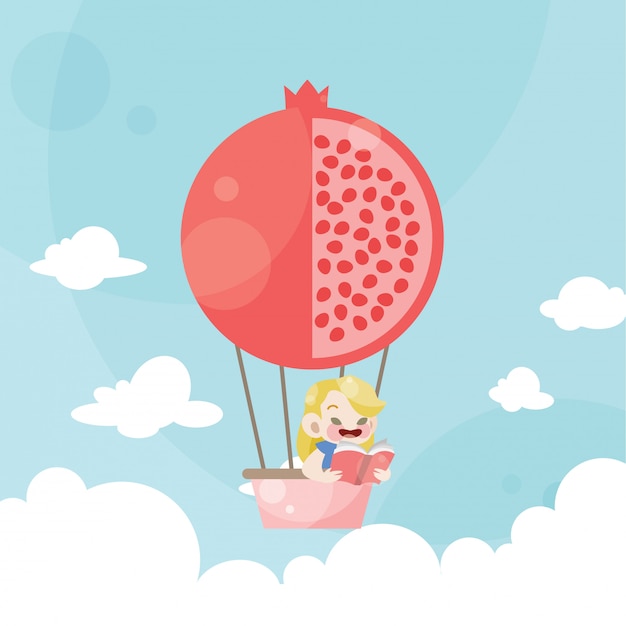 Cartoon kids riding a hot air balloon pomegranate