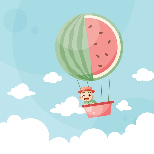 Cartoon kids riding a hot air balloon watermelon