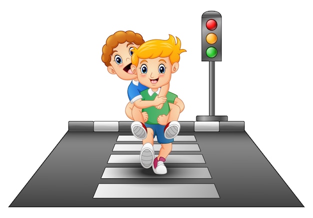 Vector cartoon kids running on crossing the street