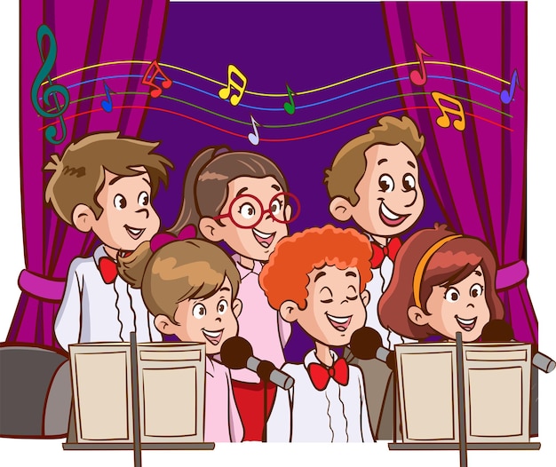 A cartoon of kids singing with a microphone.