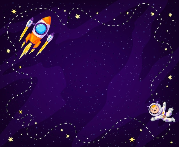 Vector cartoon kids space background with planets rocket