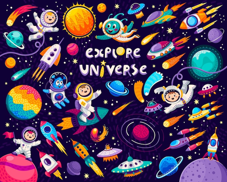 Vector 漫画の子供たちの宇宙と銀河の宇宙飛行士の惑星