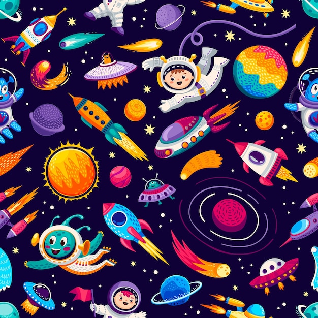 Vector cartoon kids space and galaxy seamless pattern
