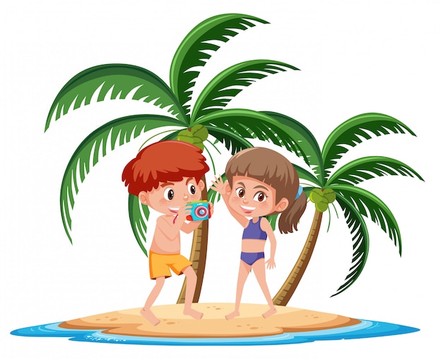 Bambini del fumetto sull'isola tropicale che posa accanto alla tavola da surf
