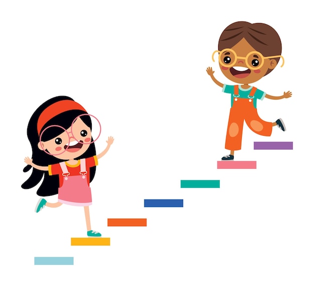 Vector cartoon kids walking up and down on stairs