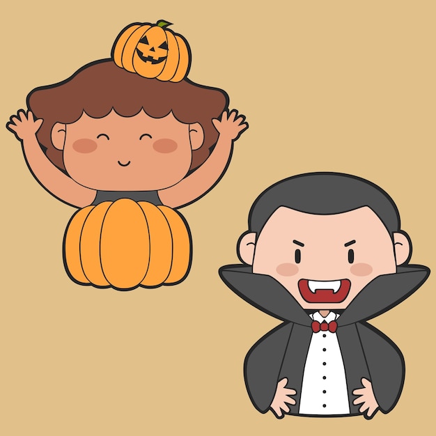 Vector cartoon kids wearing halloween celebration costume clothes fun simple party