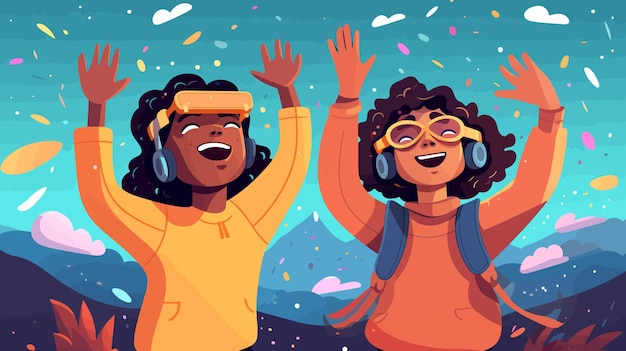 A cartoon of kids wearing headphones and wearing headphones.