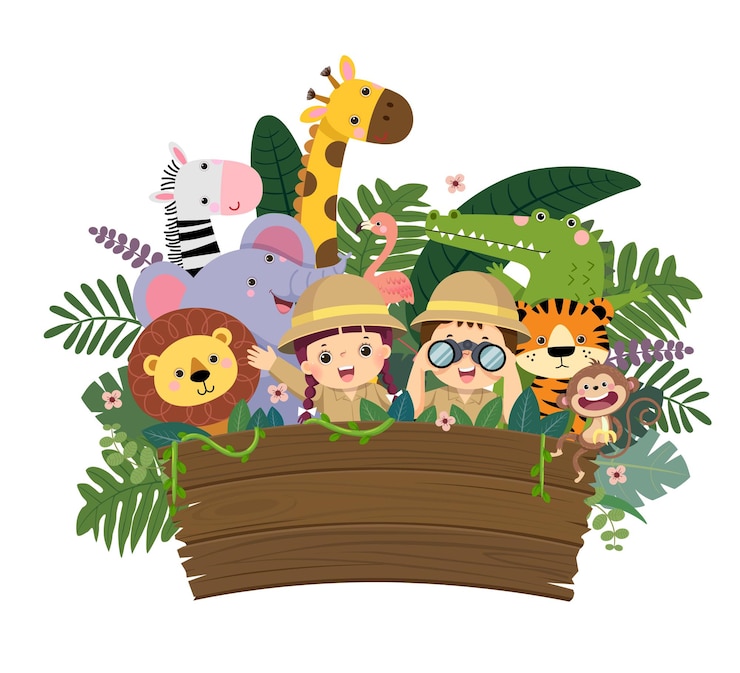 Vector  cartoon of kids and wild animals with empty wooden sign.