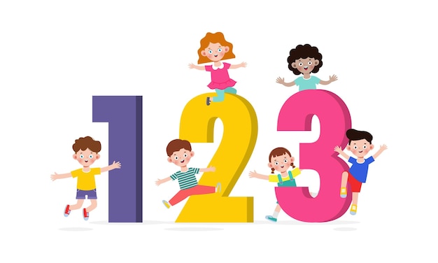 Vector cartoon kids with 123 numbers children with numbers isolated white background vector illustration