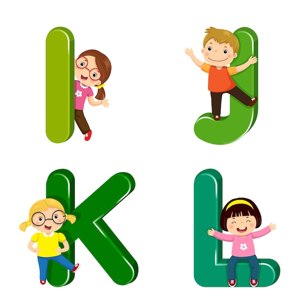 Vector cartoon kids with ijkl letters