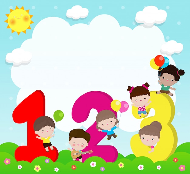 Cartoon kids with numbers, children with Numbers, background Vector Illustration