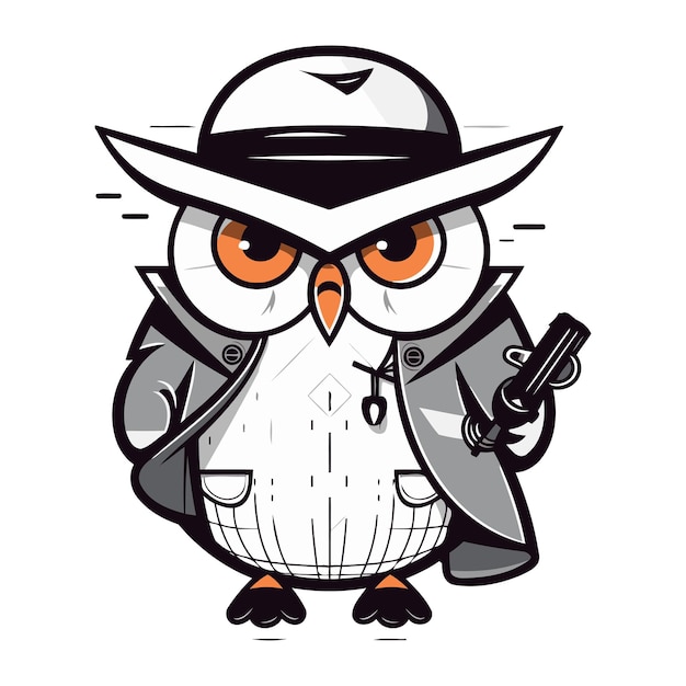 Cartoon killer owl in a hat and with a gun Vector illustration