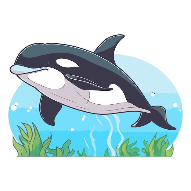 Cartoon killer whale on a background of seaweed