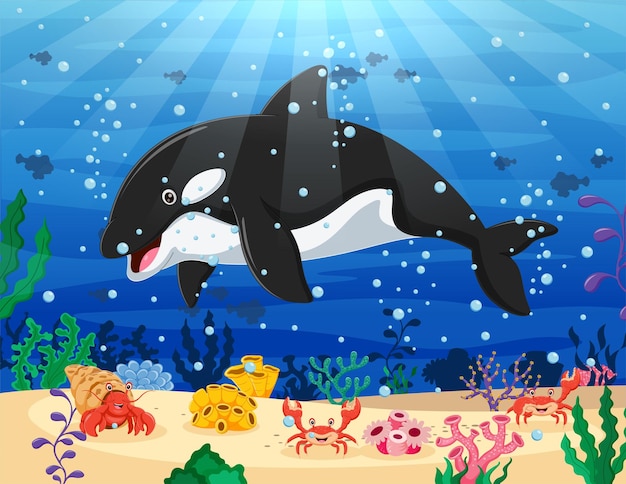 Cartoon killer whale swimming in the ocean Vector illustration