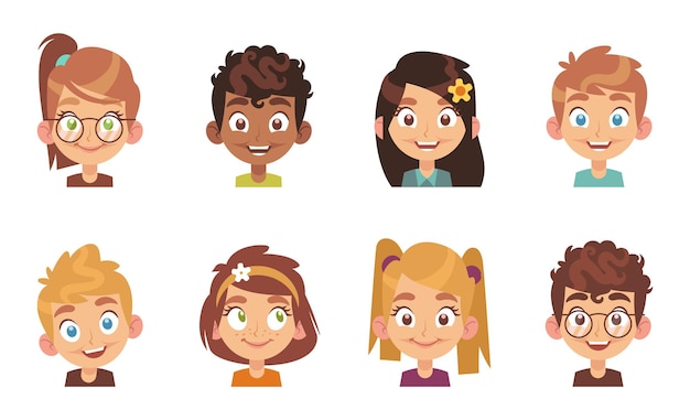 Cartoon kinderen avatars. Vrolijke preschool lachende multi-etnische kinderen, profiel portret trendy jonge gelukkig schoolmeisje en jongen tekens, mensen hoofd pictogrammenset platte vector jeugd geïsoleerde collectie