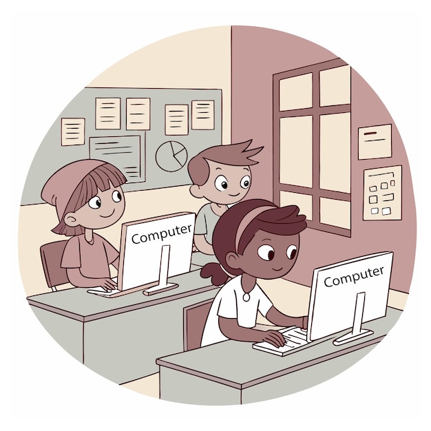 Cartoon Kinderen gebruiken de computer