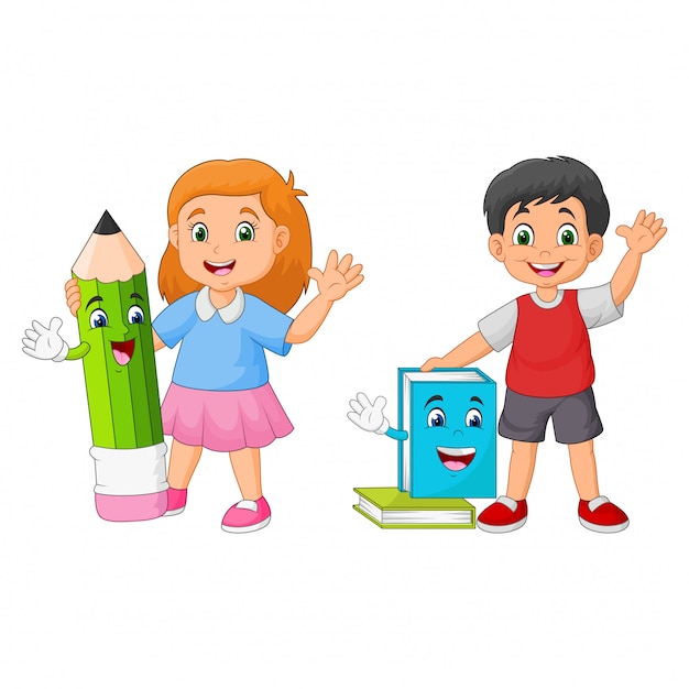 Cartoon kinderen met boek en potlood mascottes