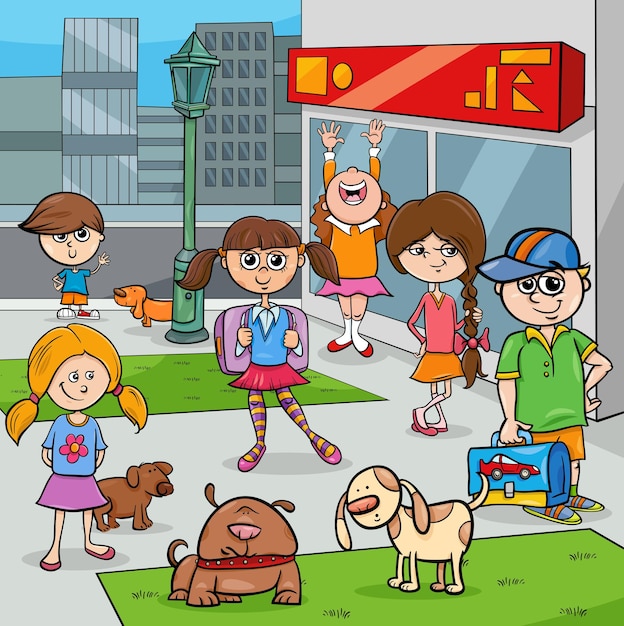 Cartoon kinderen met honden in het stadspark