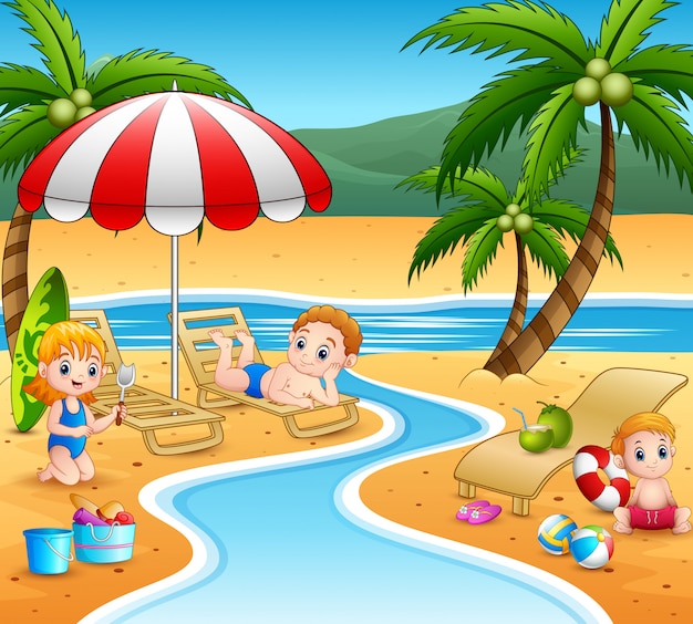 Cartoon kinderen ontspannen op het strand