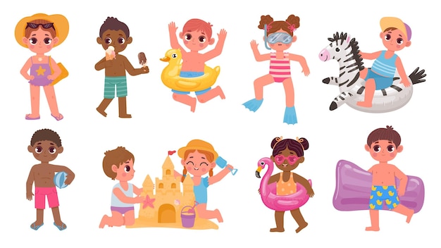 Cartoon kinderen op zomerstrand in zwempak en opblaasbare ring kinderen in vakantieoord maken zandkasteel en eten ijs vector set