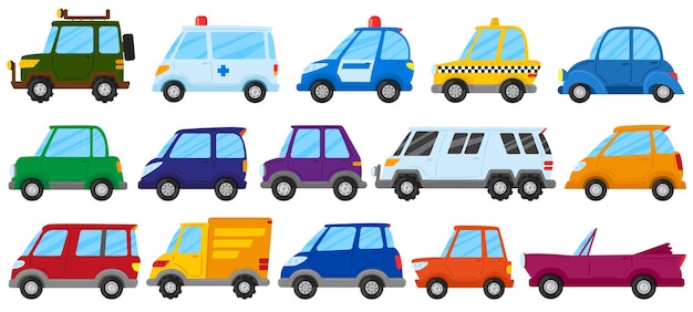 Vector cartoon kinderen speelgoedauto's, schattig speelvervoer. kinderen speelgoedauto, vrachtwagen, ambulance en politie auto vector illustratie set. kinderachtige kleurrijke voertuigen