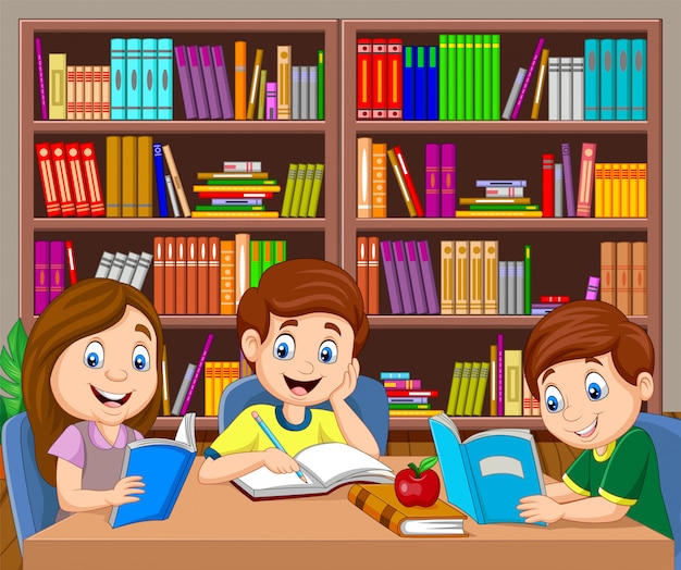 Cartoon kinderen studeren in de bibliotheek