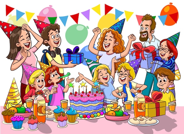 Vector cartoon kinderfeestposter met grote tafelsnoepjes en geschenken in verjaardagsviering vector