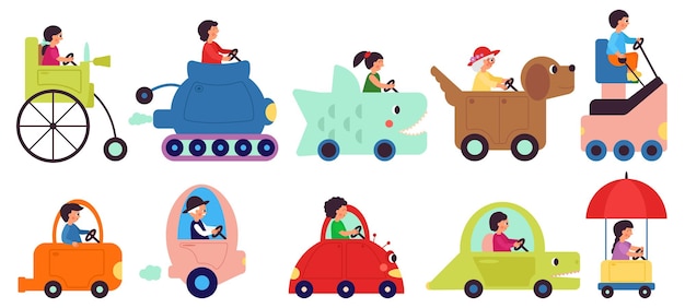 Cartoon kindervervoer karakters Mensen rijden voertuig gelukkig rijden Kinderachtig schattig transport geïsoleerde grappige levering of logistieke fatsoenlijke vector set