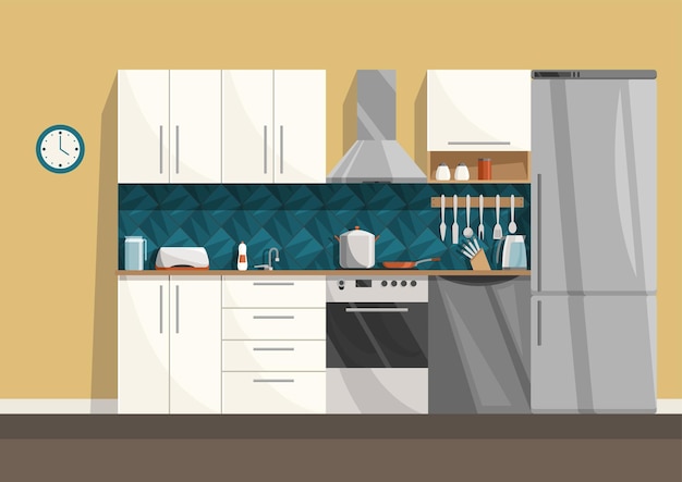 만화 주방 인테리어 식당의 가구 및 가정용품 난로 찬장과 냉장고가 있는 방 요리 배너 만화 플랫 스타일의 벡터 그림