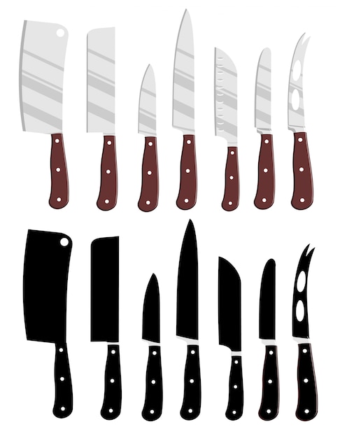 Cartoon kitchen knives and kitchen knives black silhouettes.