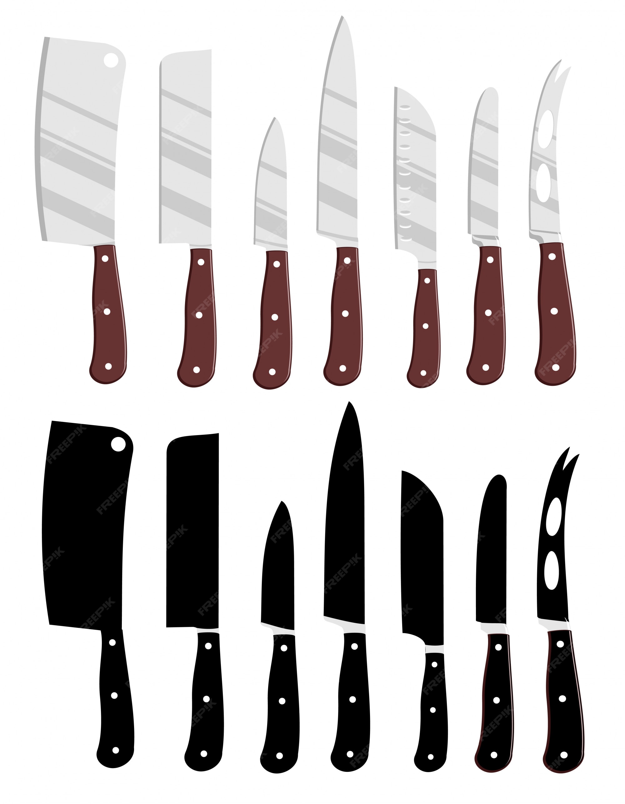Premium Vector | Cartoon kitchen knives and kitchen knives black silhouettes. Premium Vector | Cartoon kitchen knives and kitchen knives black silhouettes.