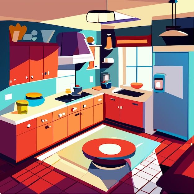 Vector cartoon kitchen room interior at home with fridge vector illustration