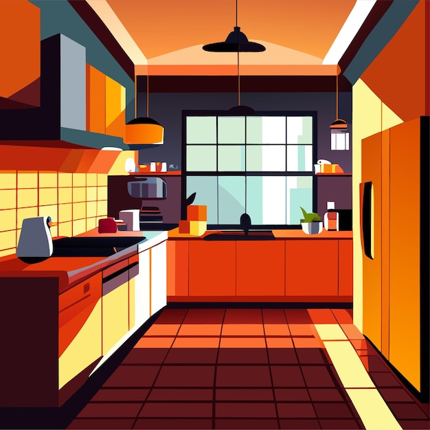 Vector cartoon kitchen room interior at home with fridge vector illustration