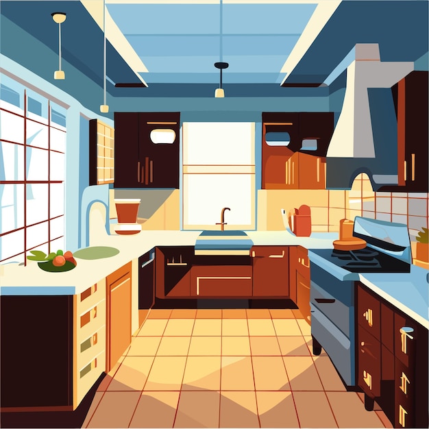 Vector cartoon kitchen room interior at home with fridge vector illustration