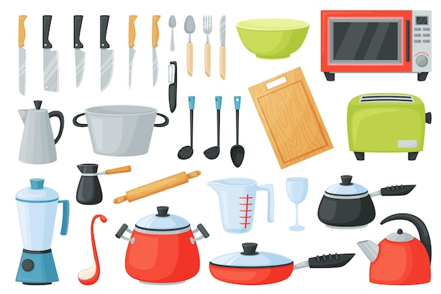 Cartoon kitchen utensils cooking tools and appliances kitchenware Saucepan frying pan cutlery microwave cookware equipment vector set