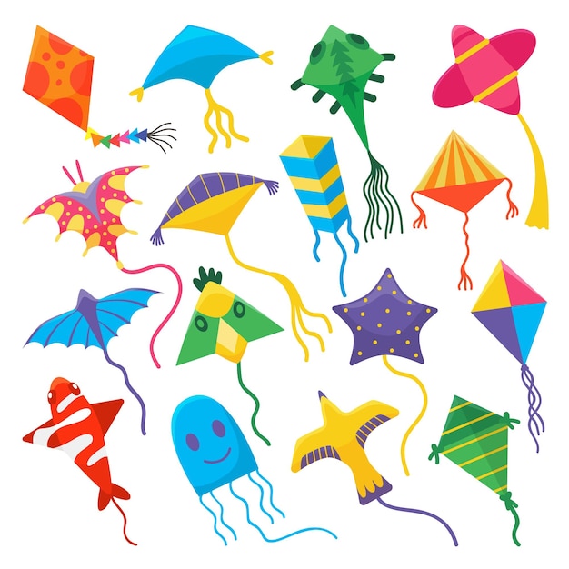 Cartoon kite kid giocattoli colorati aquiloni su fili che volano vento libero volare giocattolo isolato infanzia estate giochi all'aperto elementi set stagionale vettoriale neoterico