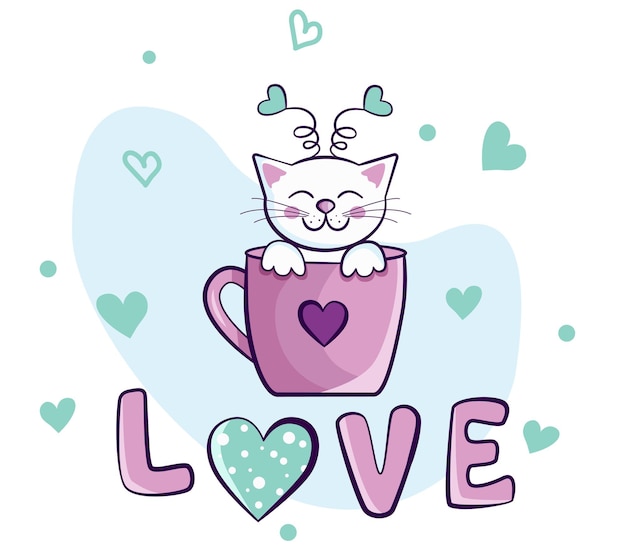 Il gattino del fumetto è seduto in una tazza vettore di san valentino per carta banner poster animale kawaii