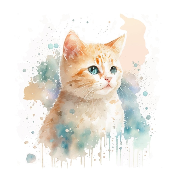 Cartoon kitten painted in watercolor for pet shop materials, veterinary clinic and people in love wi