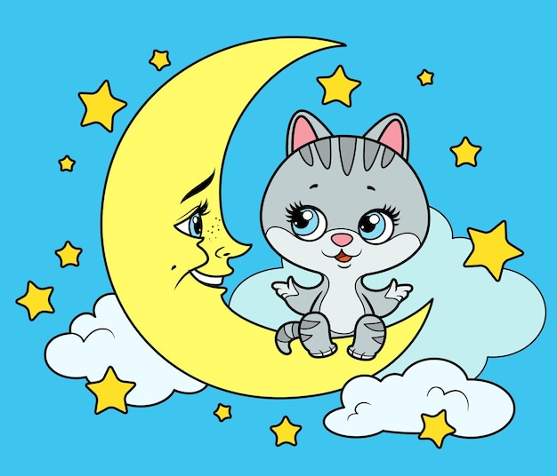 Cartoon kitten sits on the crescent moon and tells something color variation for coloring page