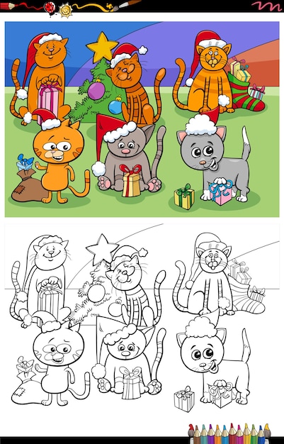 Gruppo di gattini del fumetto sul tempo di natale pagina del libro da colorare