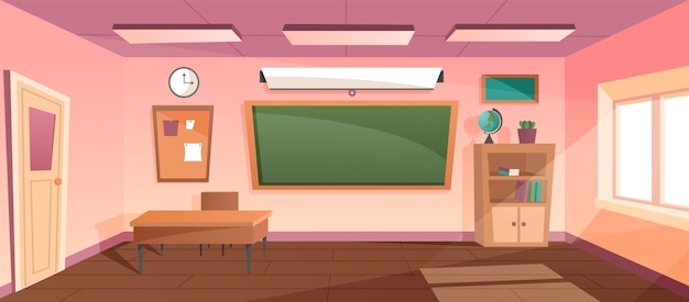 Vector cartoon klas schoolbord en bureaus