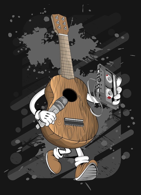 Cartoon klassieke houten gitaar t-shirt ontwerp illustratie